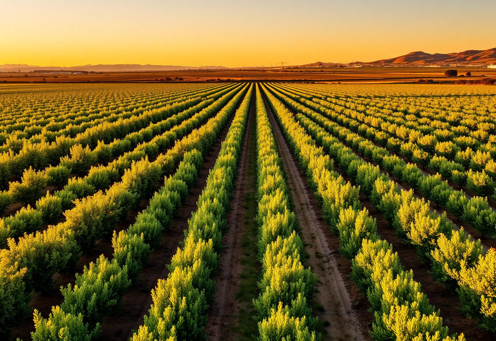 Cultivo de frutales en hileras al atardecer en la Región de Murcia